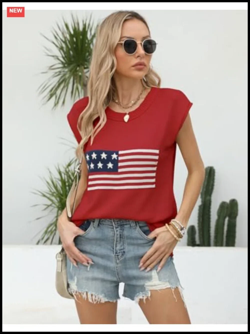 Acrylic Cap Sleeve Sweater Vest Crew Neck Patriotic Knit Top